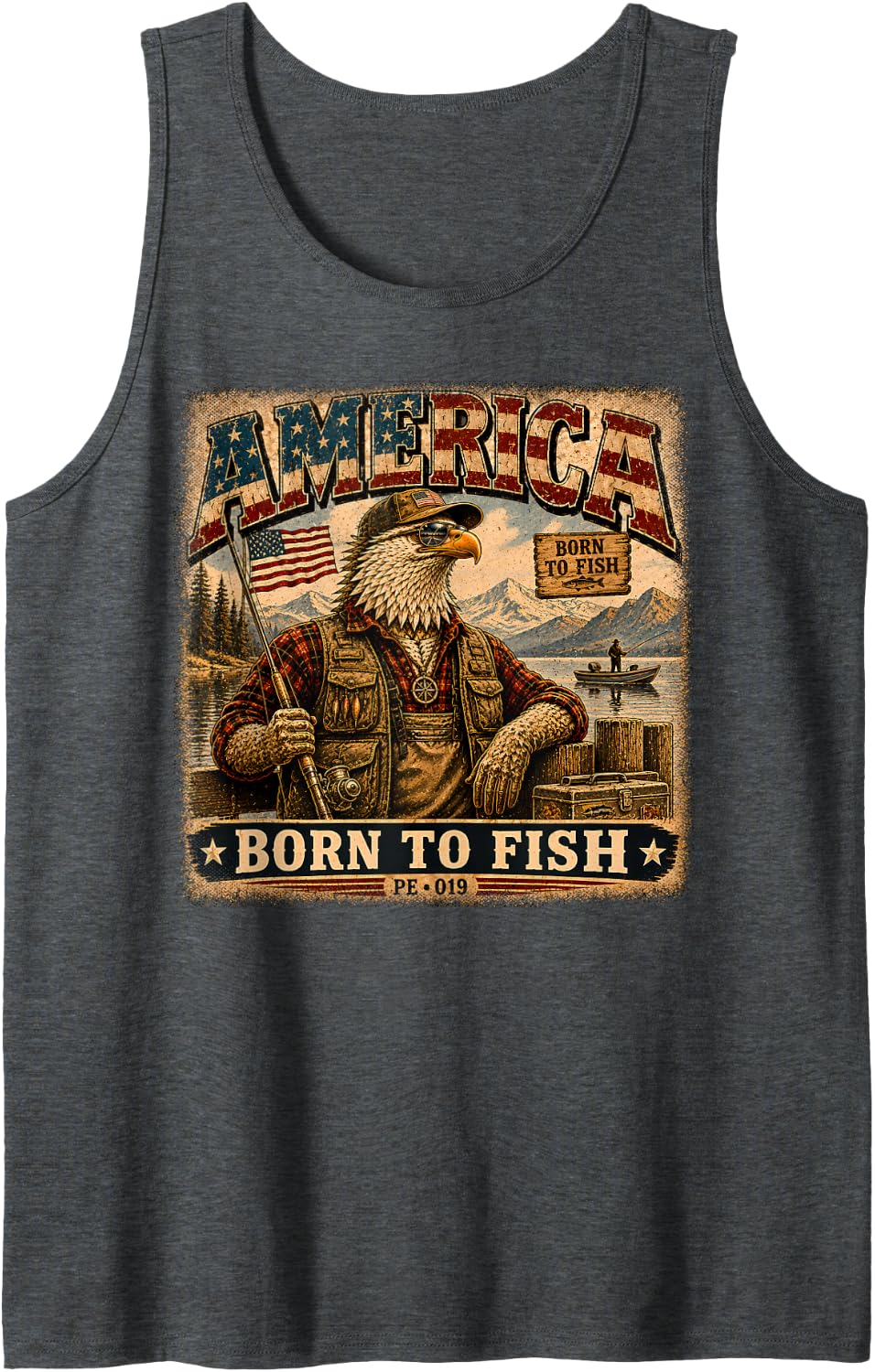 America | Live to Fish | Vintage Eagle Angler Sleeveless Tank Top - Dark Heather Grey