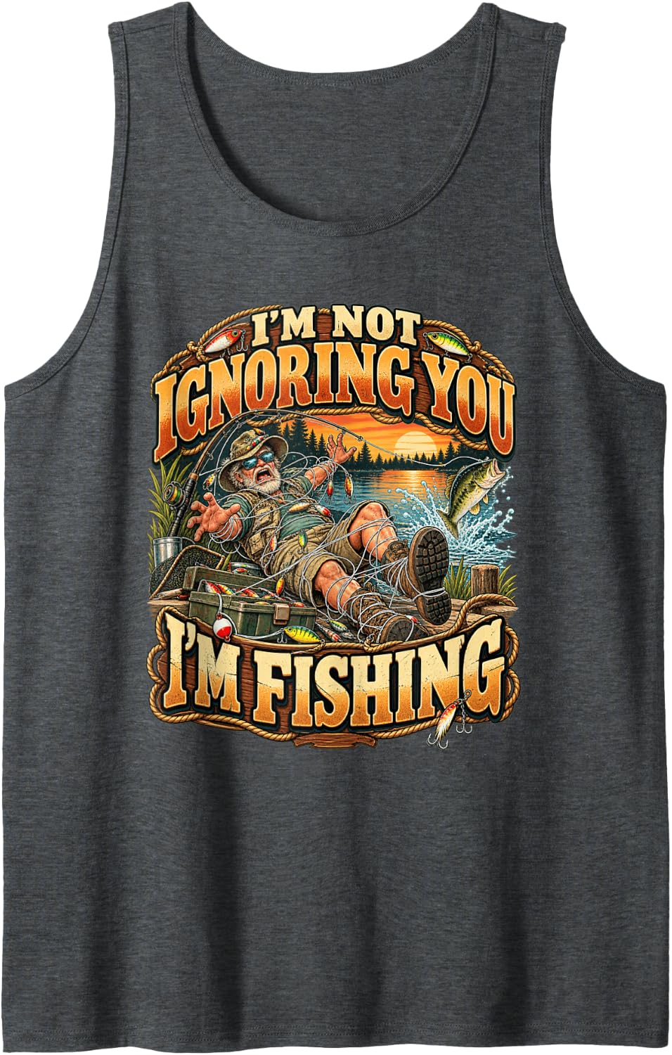 I'm Not Ignoring You I'm Fishing Funny Fisherman Grandpa Sleeveless Tank Top - Dark Heather Grey