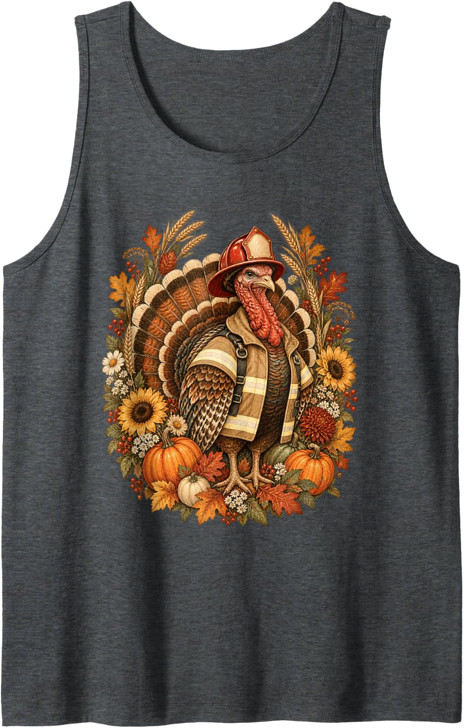 Firefighter Thanksgiving Turkey Fire Helmet Autumn Harvest Sleeveless Tank Top - Dark Heather Grey