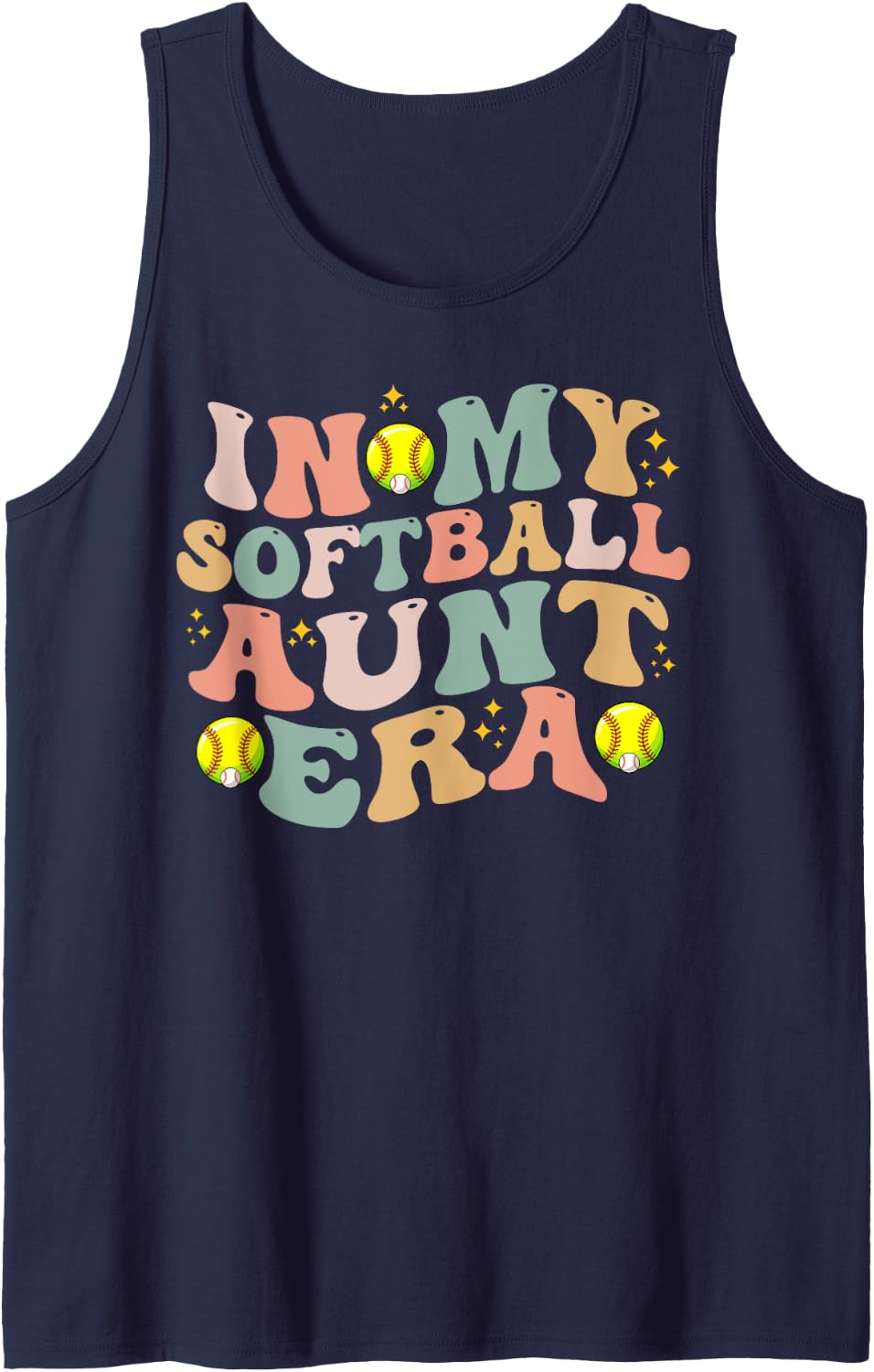 In My Softball Aunt Era Retro Groovy Auntie Softball Tank Top - Navy Blue