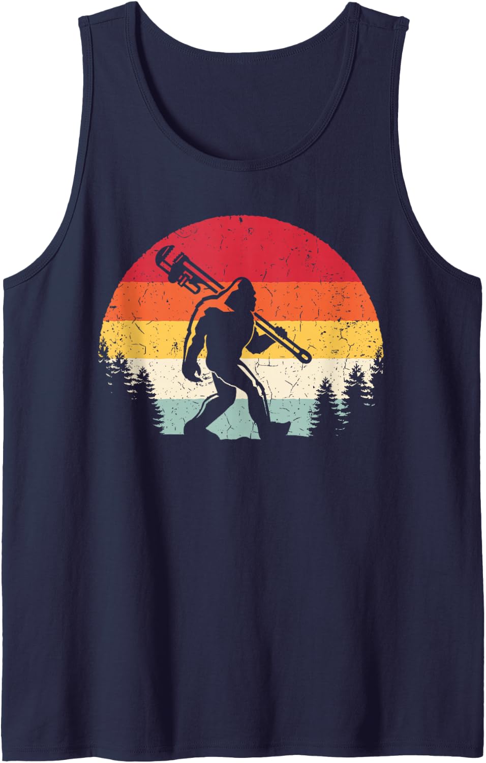 Vintage Bigfoot Plumber Pipe Wrench Funny Sasquatch Plumbing Tank Top - Navy Blue