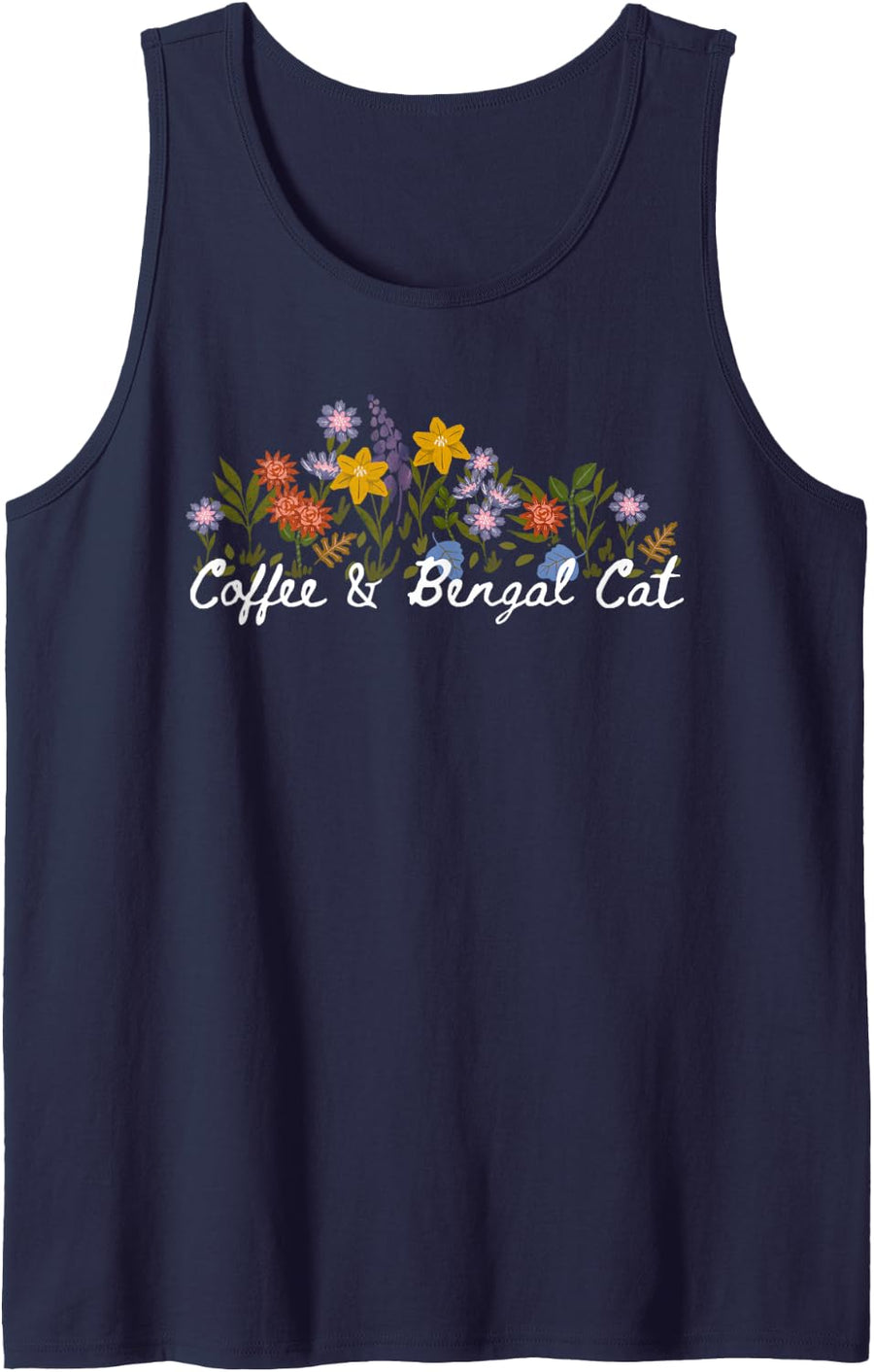 Floral Quote Coffee & Bengal Cat Sleeveless Tank Top - Navy Blue