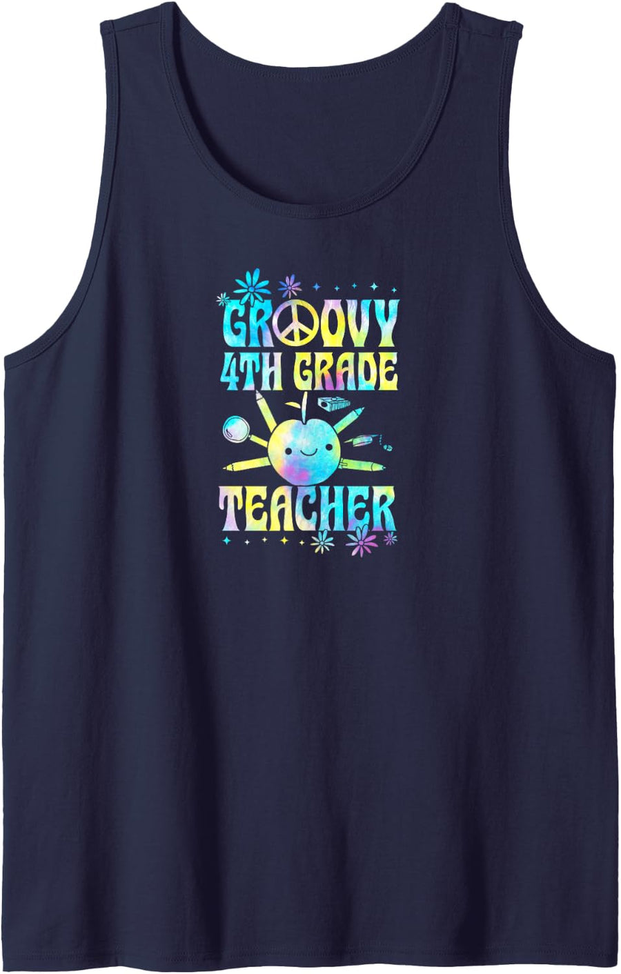 Groovy 4th Grade Teacher 60s Throwback Day Peace Flower Sleeveless Tank Top - Navy Blue