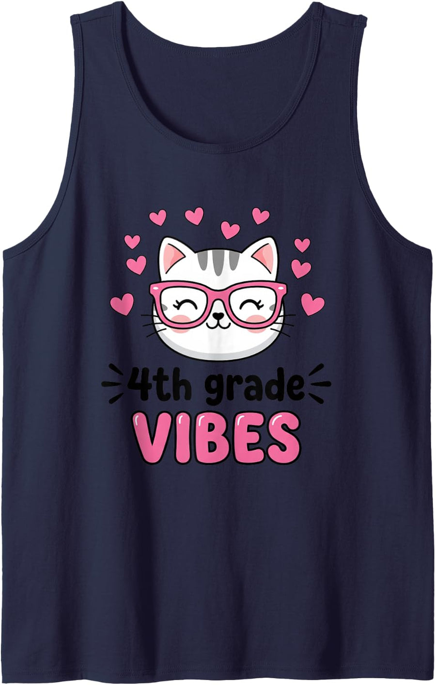 4TH Grade Vibes Cute Cat Back to School Girls Student Sleeveless Tank Top - Navy Blue