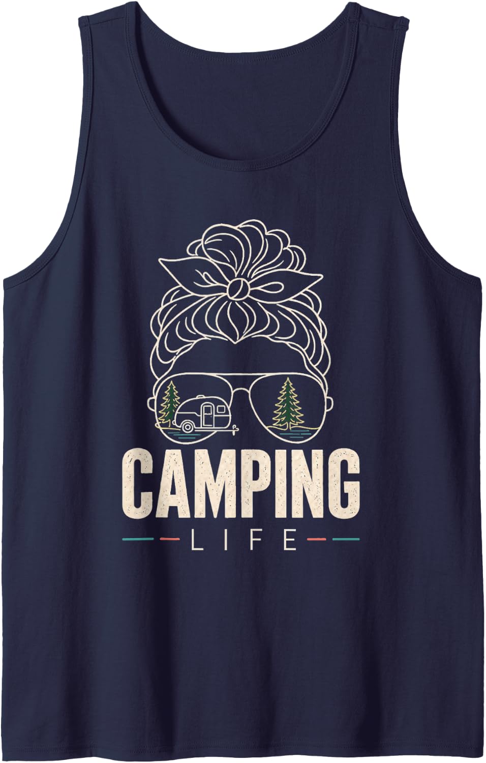 Camping Life Camper Trailer Messy Bun Lover Gift for Women Sleeveless Tank Top - Navy Blue