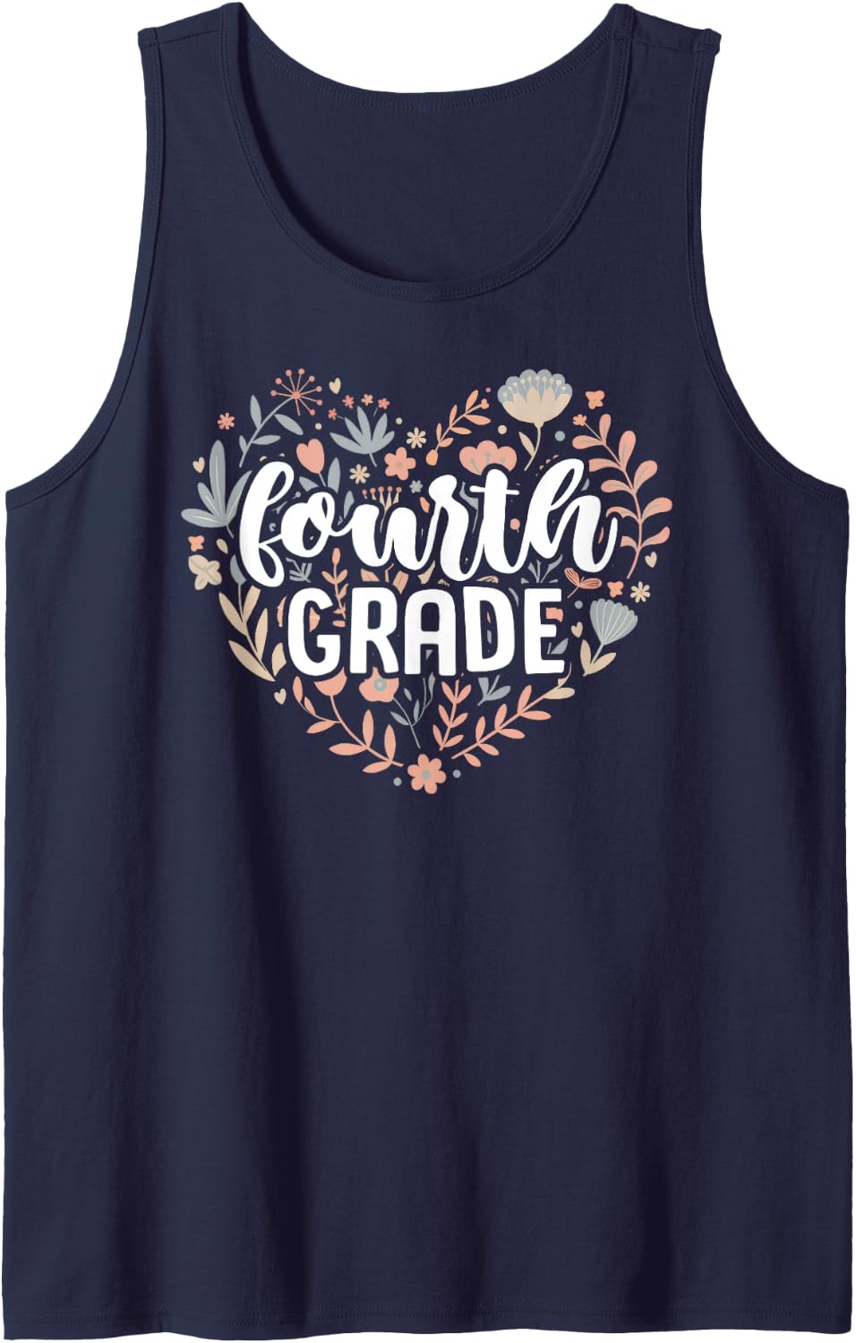 Fourth Grade Floral Heart Back to School Teacher Women Girls Sleeveless Tank Top - Navy Blue