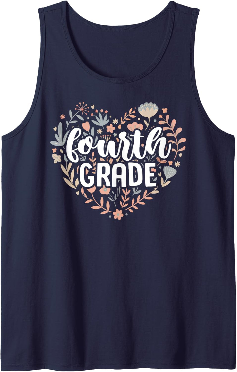 Fourth Grade Floral Heart Back to School Teacher Women Girls Sleeveless Tank Top - Navy Blue