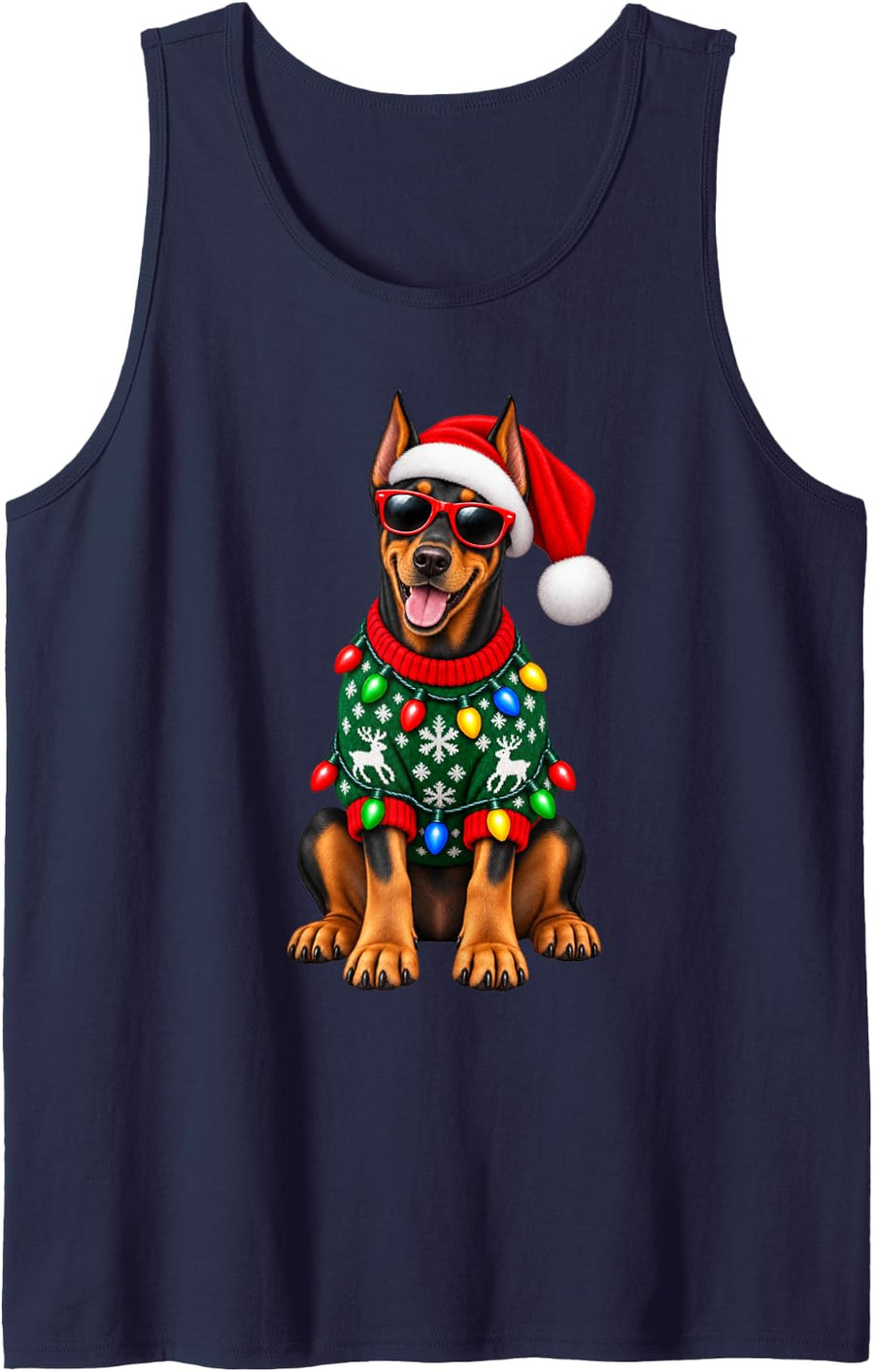 Doberman Pinscher Christmas Sweater Santa Hat Sunglasses Dog Sleeveless Tank Top - Navy Blue