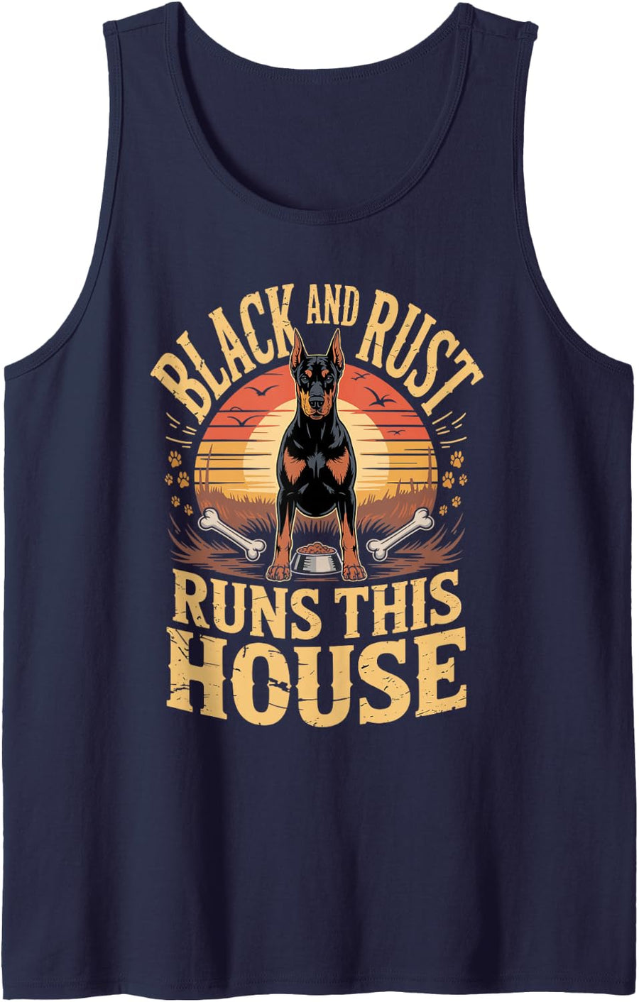 Black and Rust Runs This House Doberman Dobie Dog Sleeveless Tank Top - Navy Blue