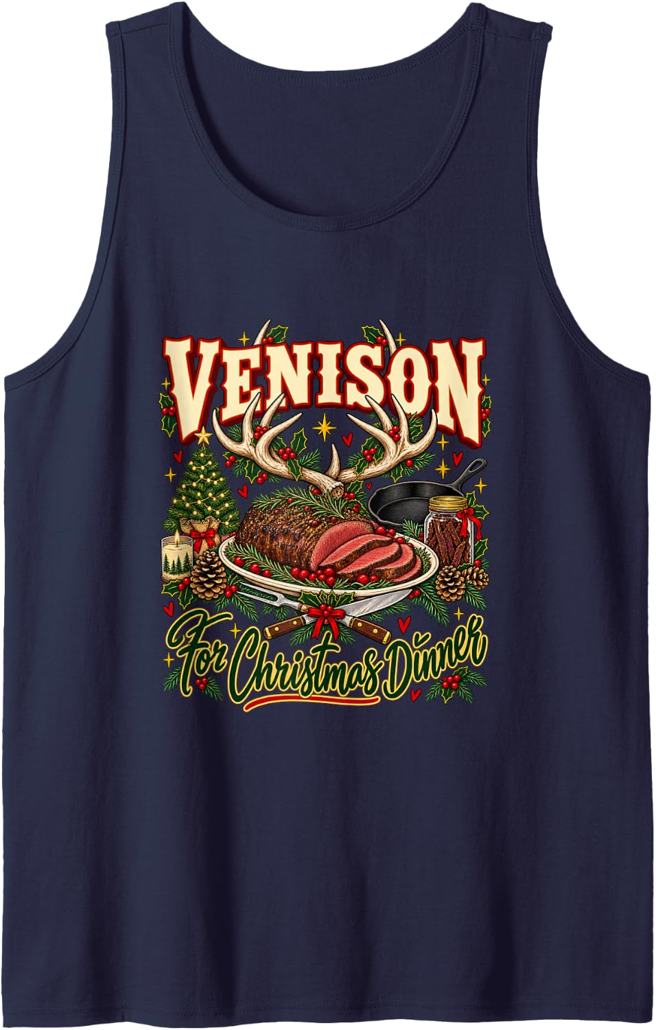 Venison for Christmas Dinner Funny Deer Hunting Hunter Meat Sleeveless Tank Top - Navy Blue