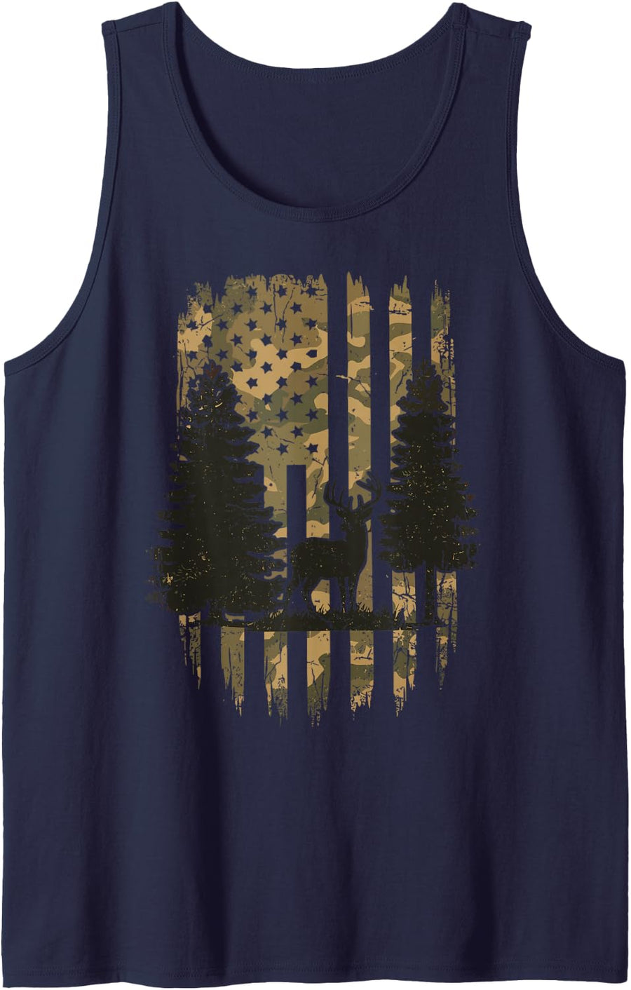 Camo American Flag Deer Hunting Forest Buck Sleeveless Tank Top - Navy Blue