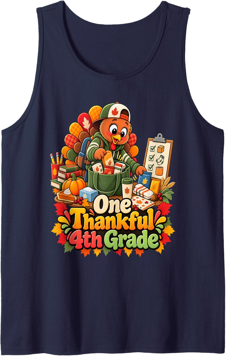 Fourth Grade Thanksgiving One Thankful 4th Grade Turkey Sleeveless Tank Top - Navy Blue