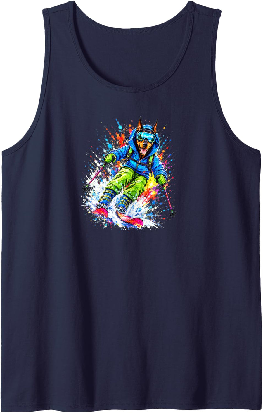 Doberman Pinscher Dog Skiing Watercolor Splash Art Sleeveless Tank Top - Navy Blue
