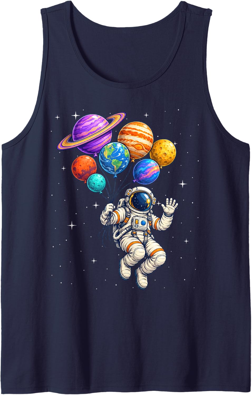 Waving Astronaut Floating with Solar System Planet Balloons Sleeveless Tank Top - Navy Blue