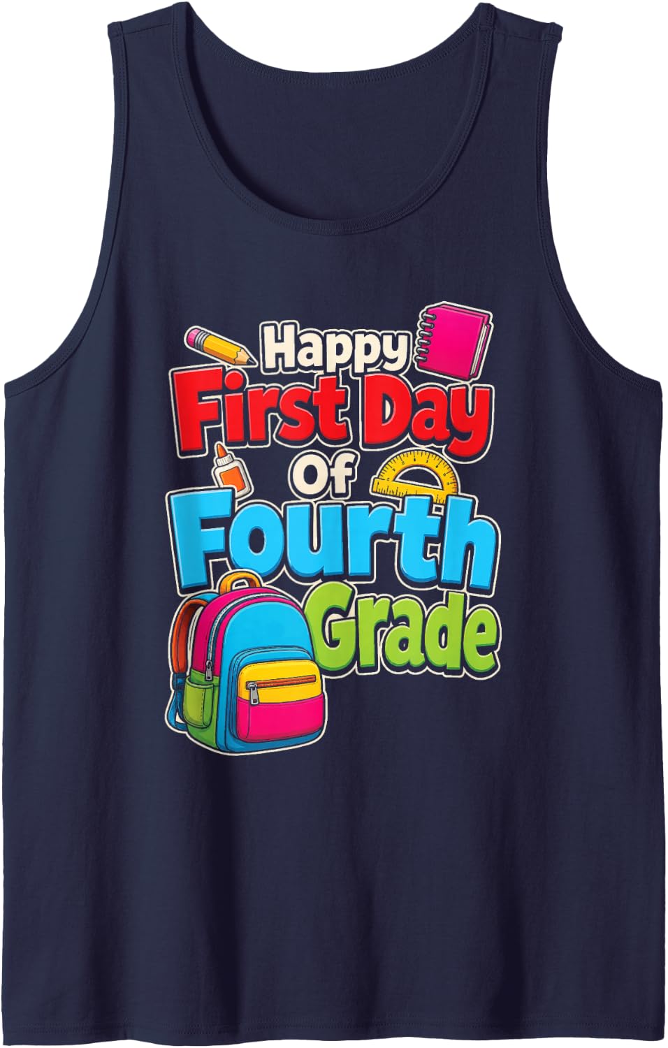 4th Grade Happy First Day of School Kids Elementary Sleeveless Tank Top - Navy Blue