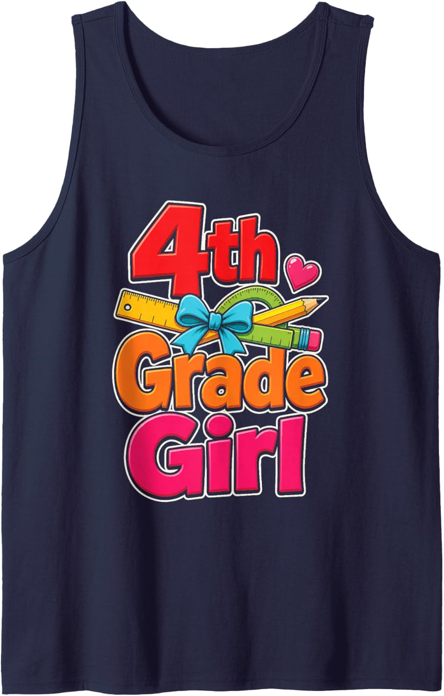 4th Grade Girl First Day Hearts Bows Ruler Protractor Sleeveless Tank Top - Navy Blue