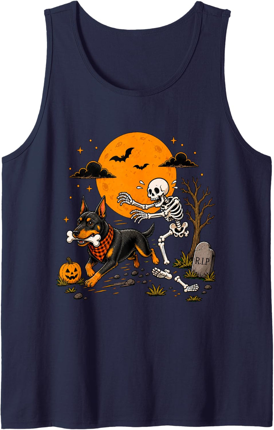 Halloween Dog Skeleton Funny Doberman Pinscher Men Women Sleeveless Tank Top - Navy Blue