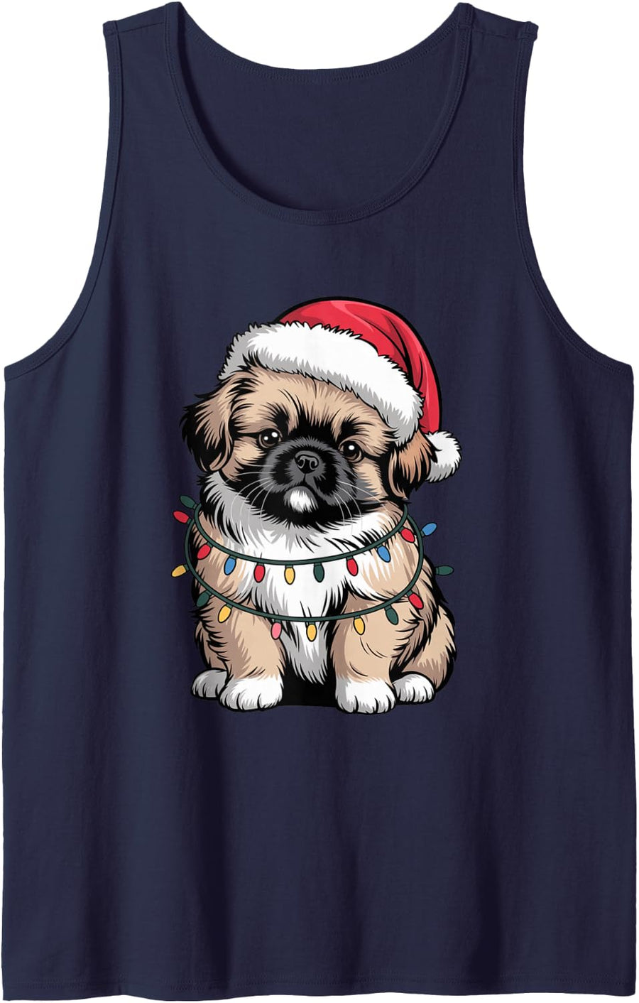 Festive Cute Pekingese Puppy Santa Lights Dog Mom Dad Lover Sleeveless Tank Top - Navy Blue