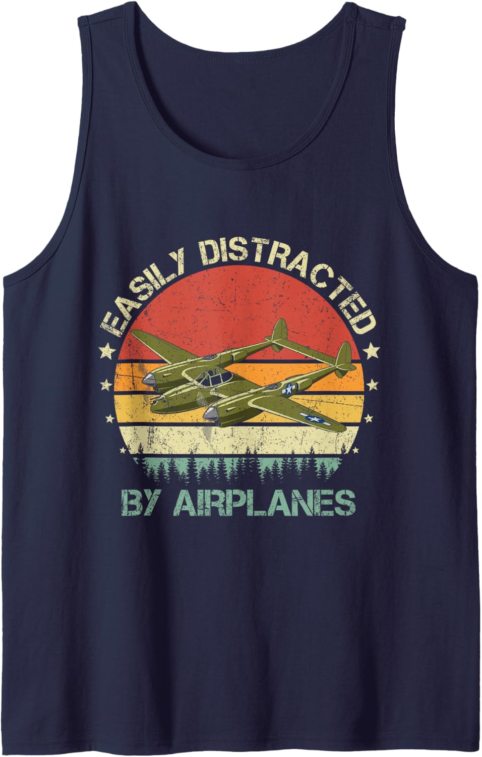 Easily Distracted By Airplanes Vintage Retro P-38 Lightning Sleeveless Tank Top - Navy Blue