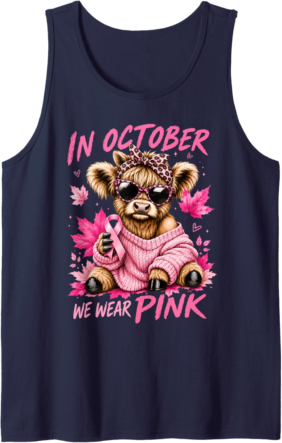 in October We Wear Pink Highland Cow Autumn Breast Cancer Sleeveless Tank Top - Navy Blue