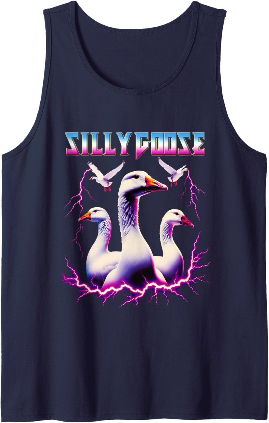 Silly Goose 80s Glam Rock Funny Duck Men Women Kids Animal Tank Top - Navy Blue