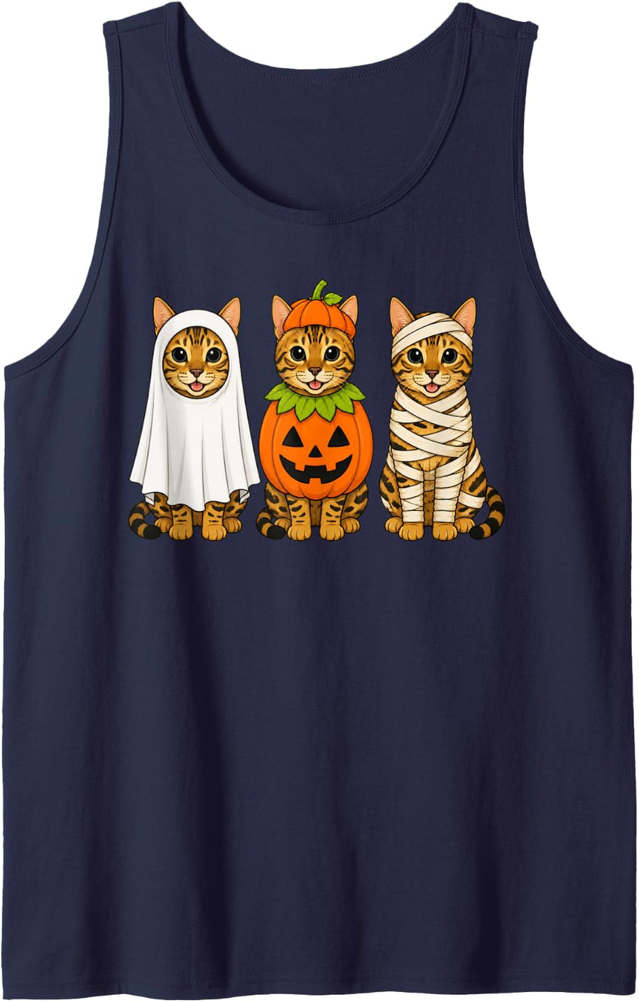 Spooky Bengal Cat Pumpkin Ghost Halloween Tank Top - Navy Blue
