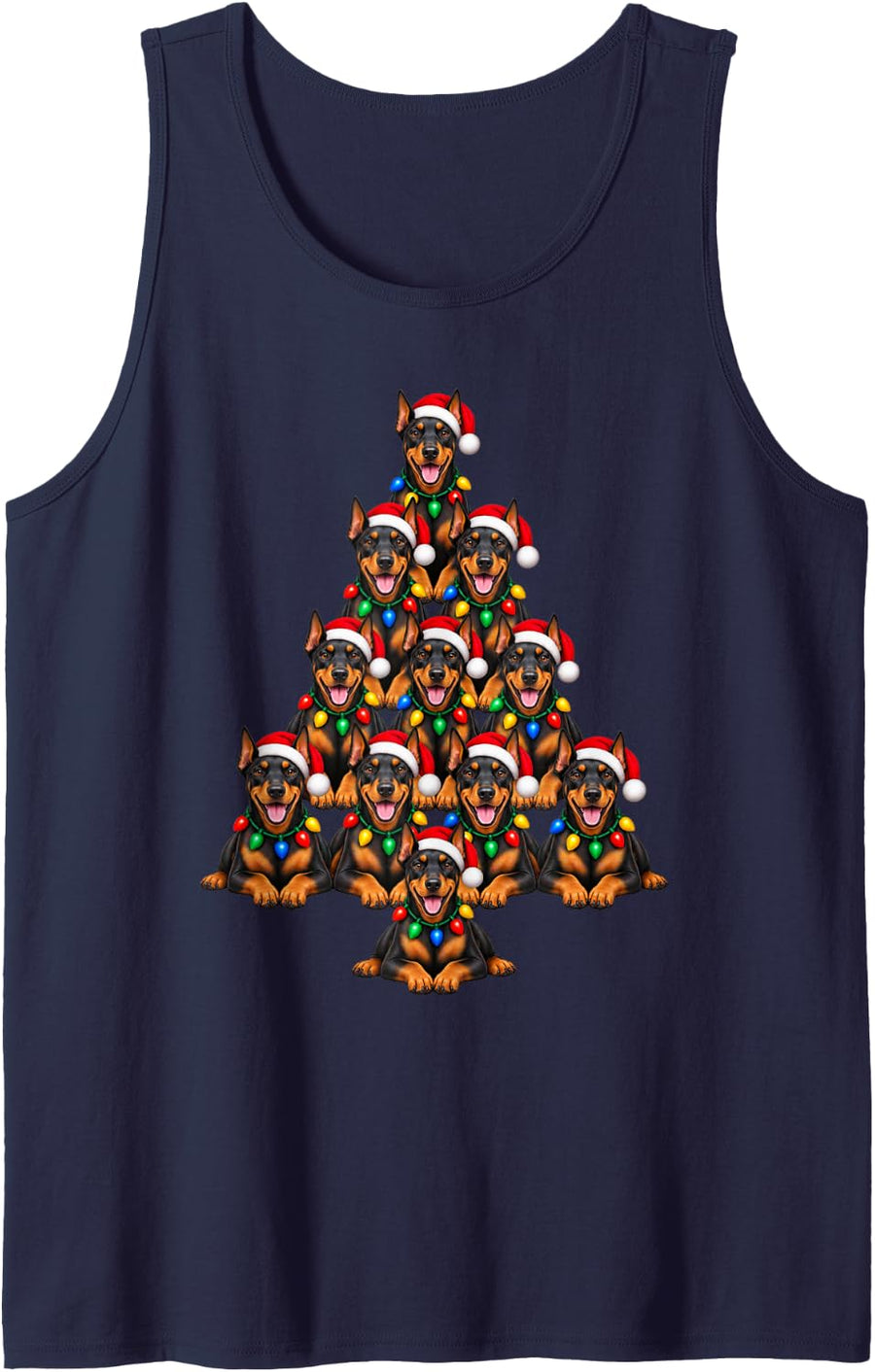 Doberman Pinscher Christmas Tree Santa Hat Pet Dogs Lover Sleeveless Tank Top - Navy Blue