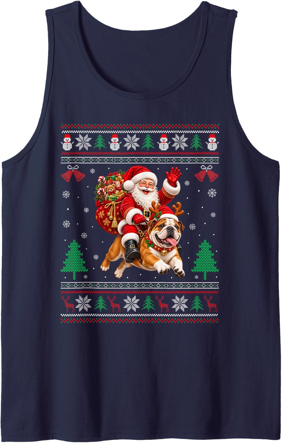 English Bulldog Ugly Christmas Sweater Santa Riding Dog Xmas Sleeveless Tank Top - Navy Blue