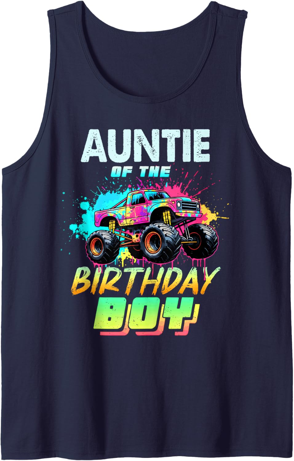 Auntie of The Birthday Boy Monster Truck Colorful Tank Top - Navy Blue