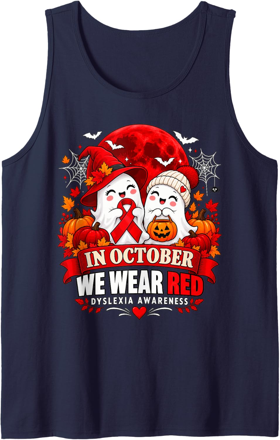 October We Wear Red Dyslexia Awareness Cute Ghosts Fall. Sleeveless Tank Top - Navy Blue