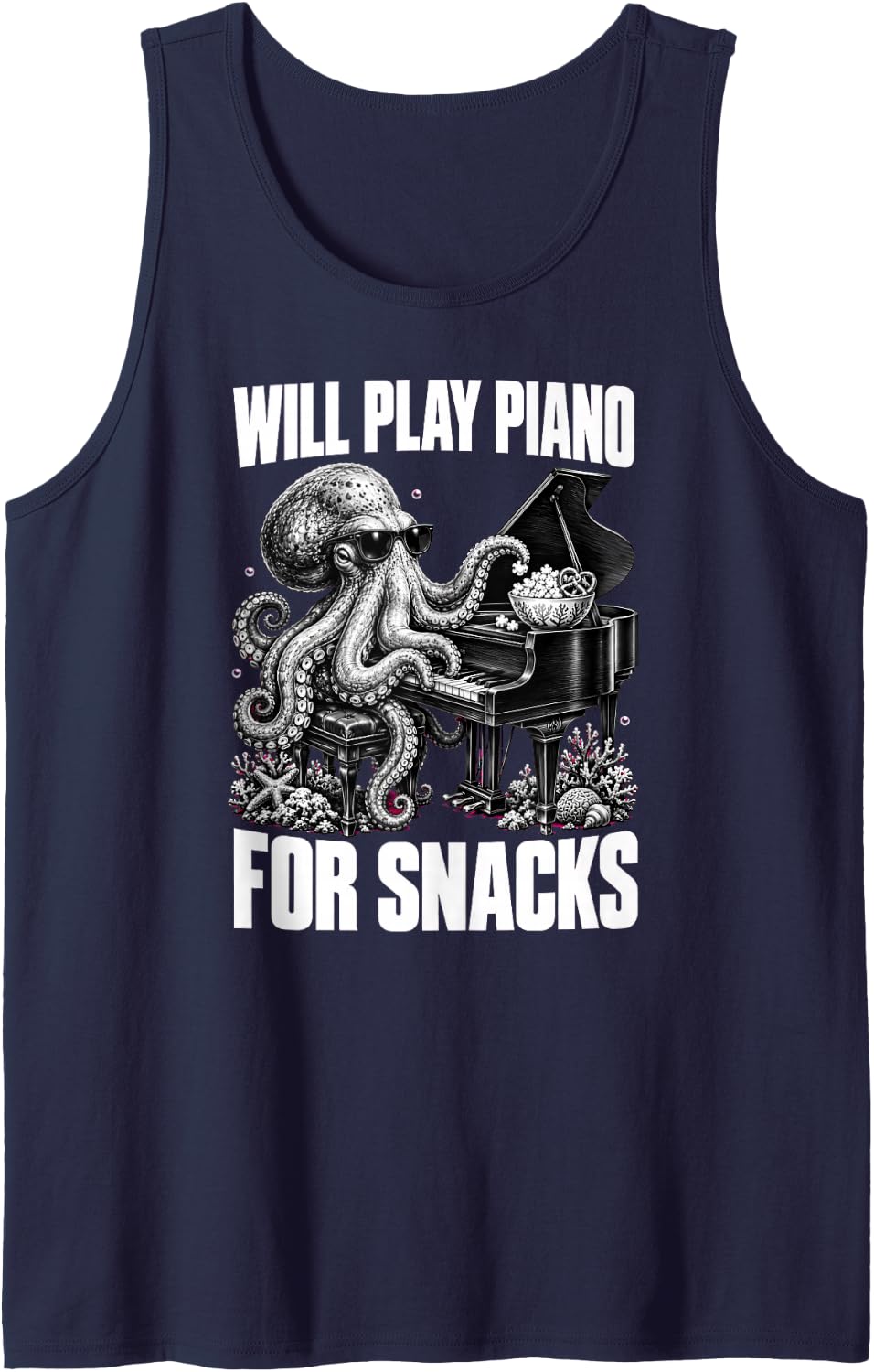 Will Play Piano for Snacks Funny Pianist Octopus Sleeveless Tank Top - Navy Blue