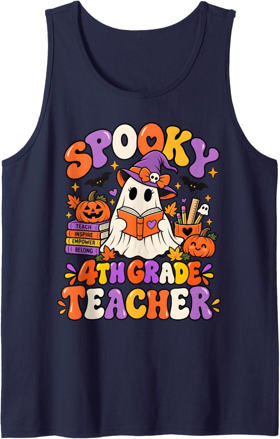 Groovy Spooky 4th Grade Teacher Ghost Retro Floral Halloween Sleeveless Tank Top - Navy Blue