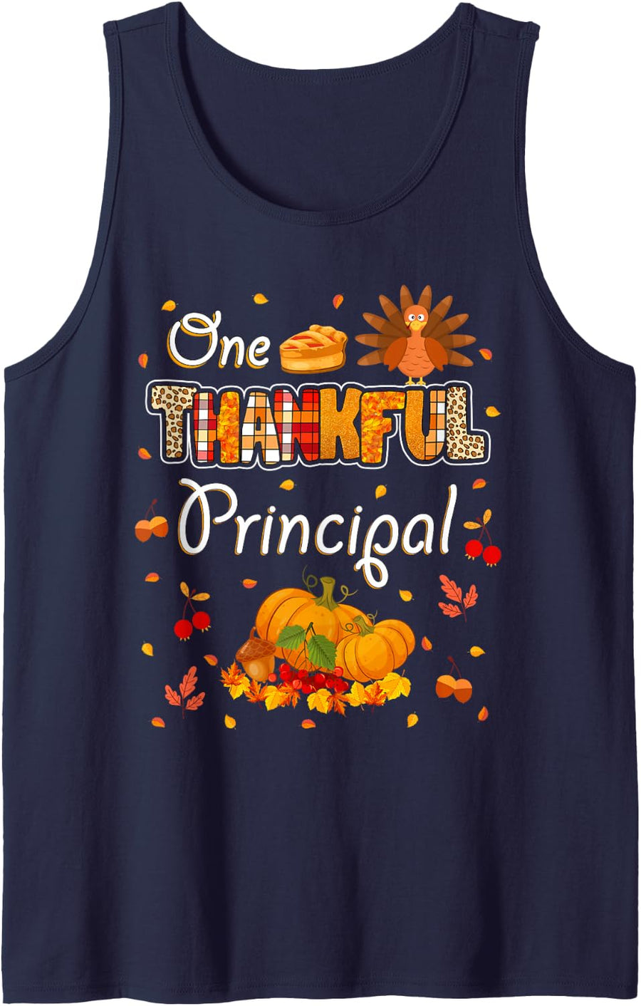 One Thankful School Principal Fall Autumn Thanksgiving Sleeveless Tank Top - Navy Blue