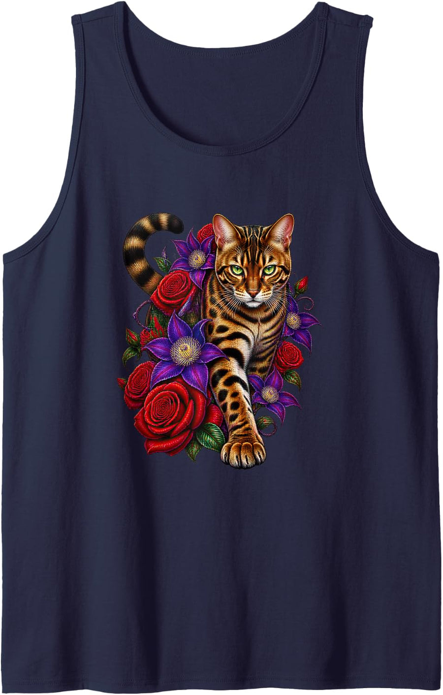 Bengal Cat with Red Roses and Purple Clematis Sleeveless Tank Top - Navy Blue