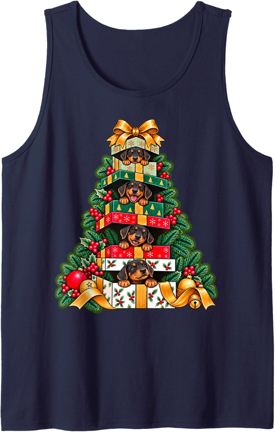 Doberman Pinscher Stacked Wrapped Box Holiday Tree Surprise Sleeveless Tank Top - Navy Blue