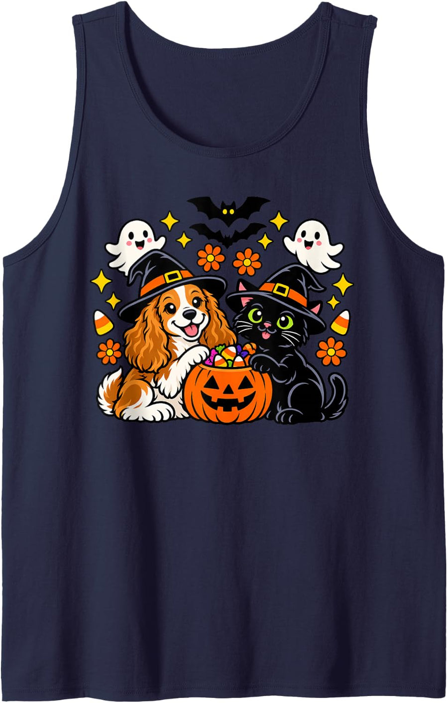 Funny Cocker Spaniel Dog and Black Cat Pumpkin Halloween Sleeveless Tank Top - Navy Blue