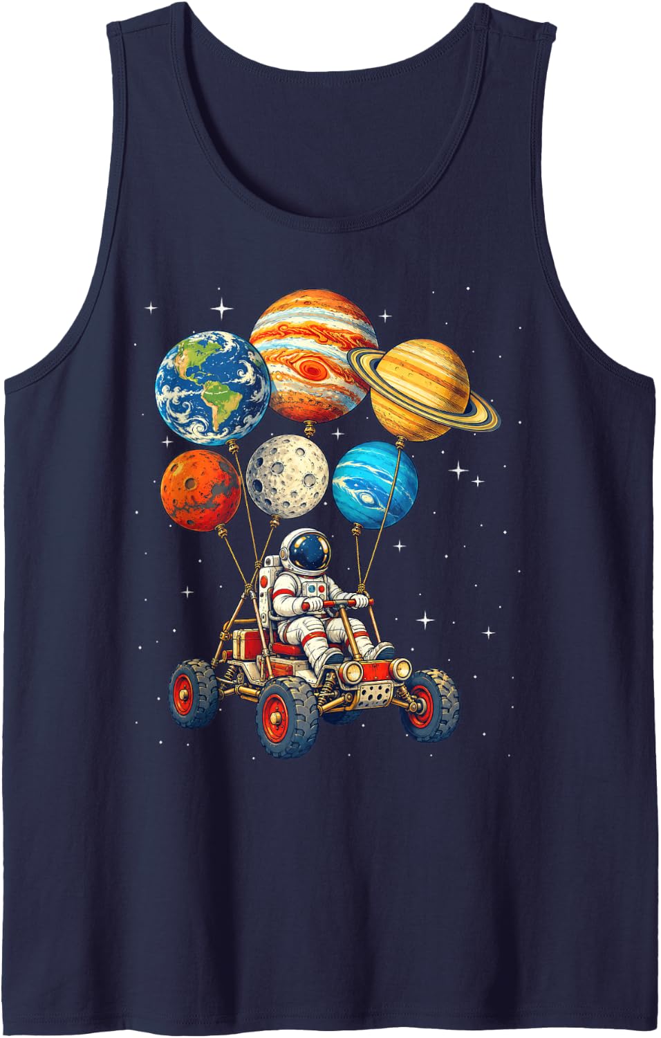 Astronaut Driving Moon Rover with Solar System Balloons Sleeveless Tank Top - Navy Blue