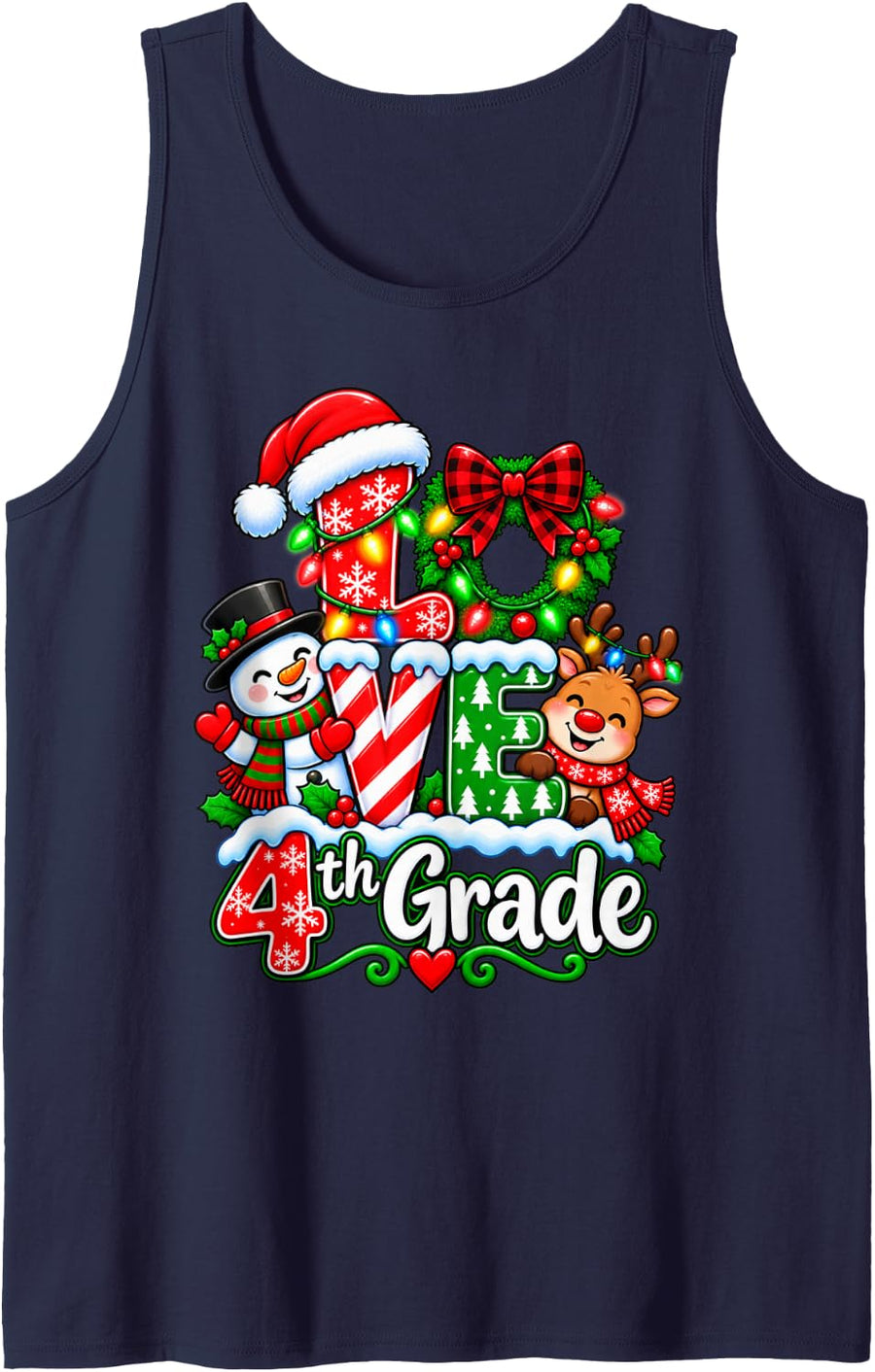 Love 4th Grade Teacher Xmas Gingerbread Christmas Pajamas Sleeveless Tank Top - Navy Blue