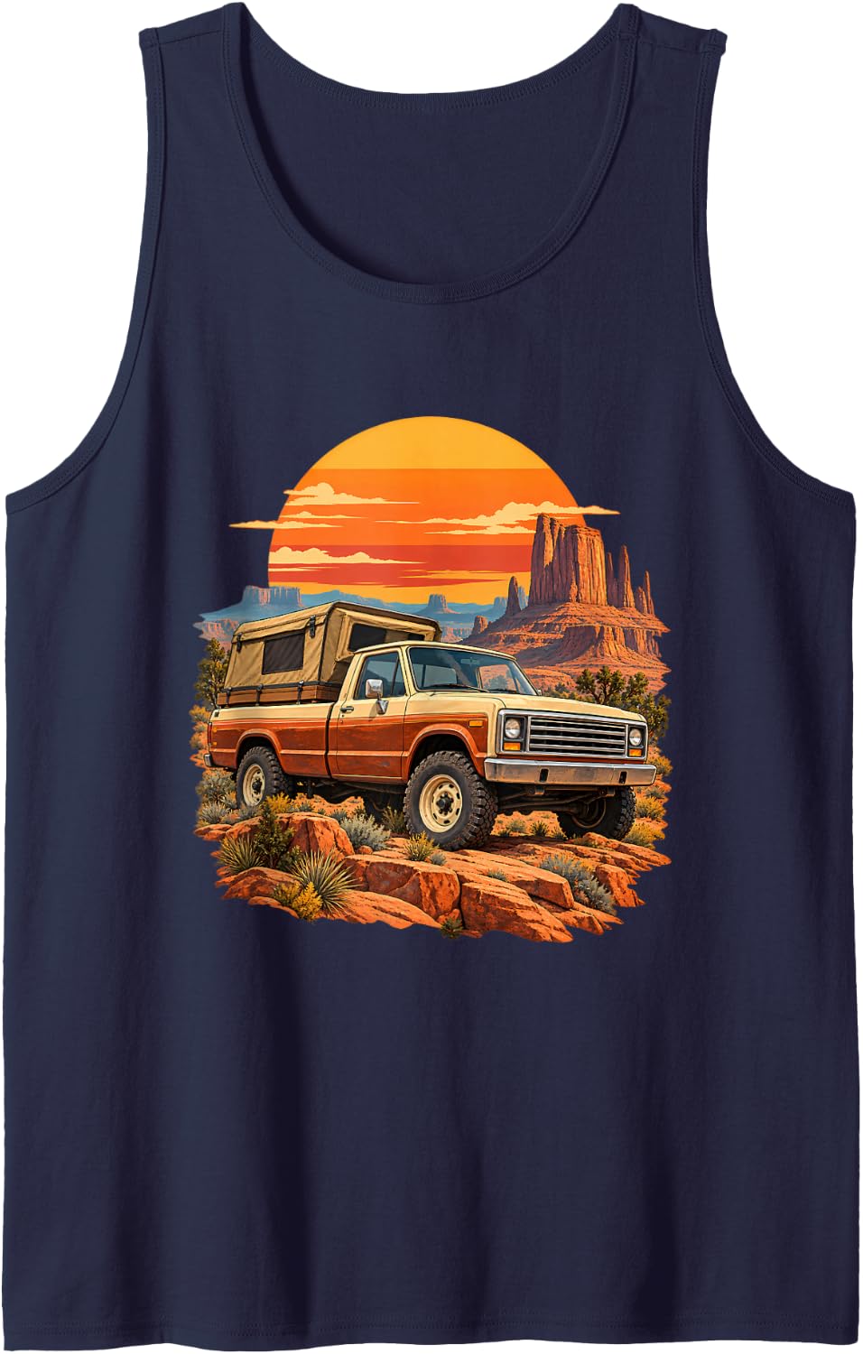 Vintage Desert Overlanding Pickup Truck Canyon Camping Sleeveless Tank Top - Navy Blue