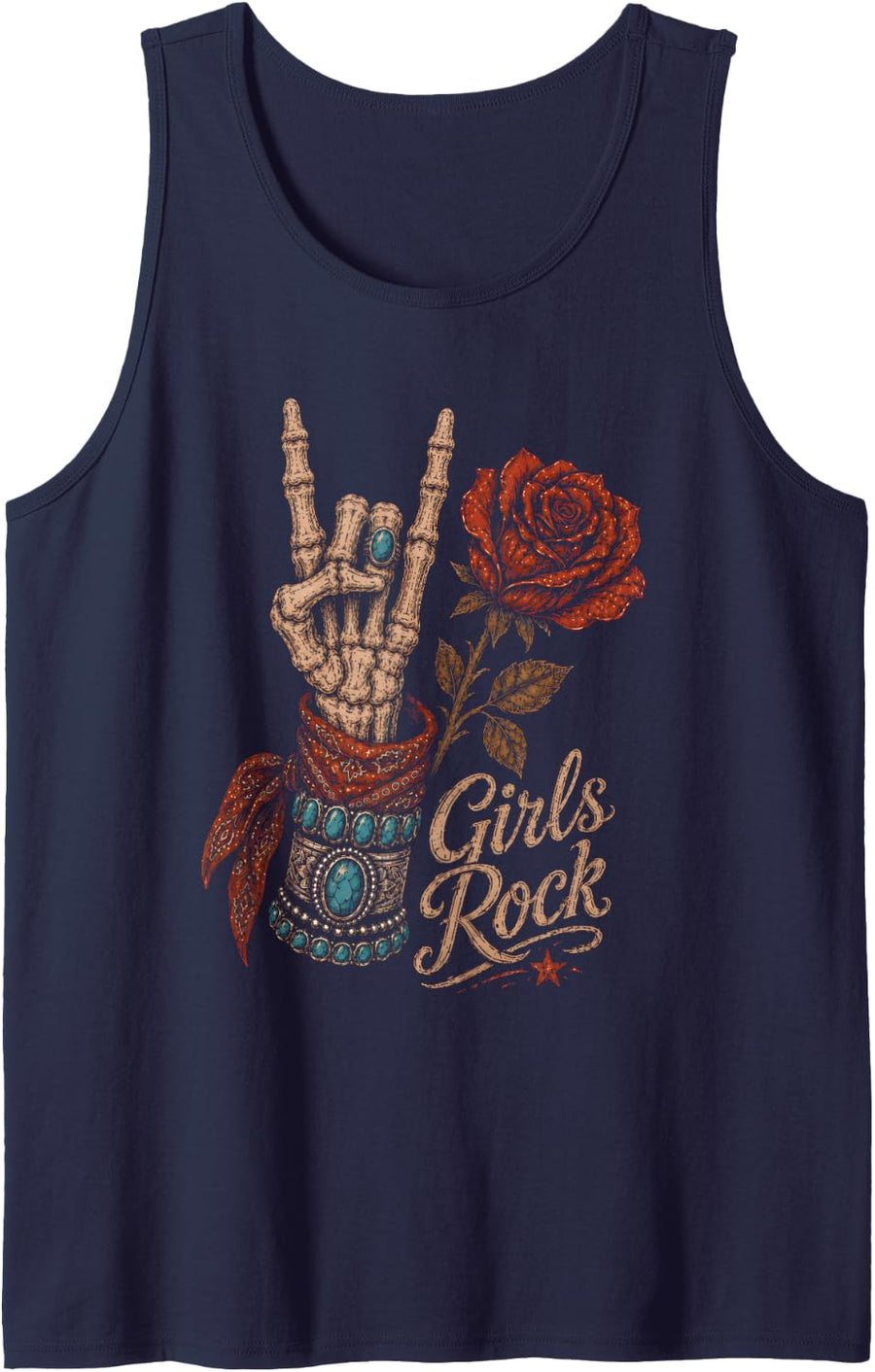 Girls Rock Skeleton Hand Rock On Sign Boho Vintage Tank Top - Navy Blue