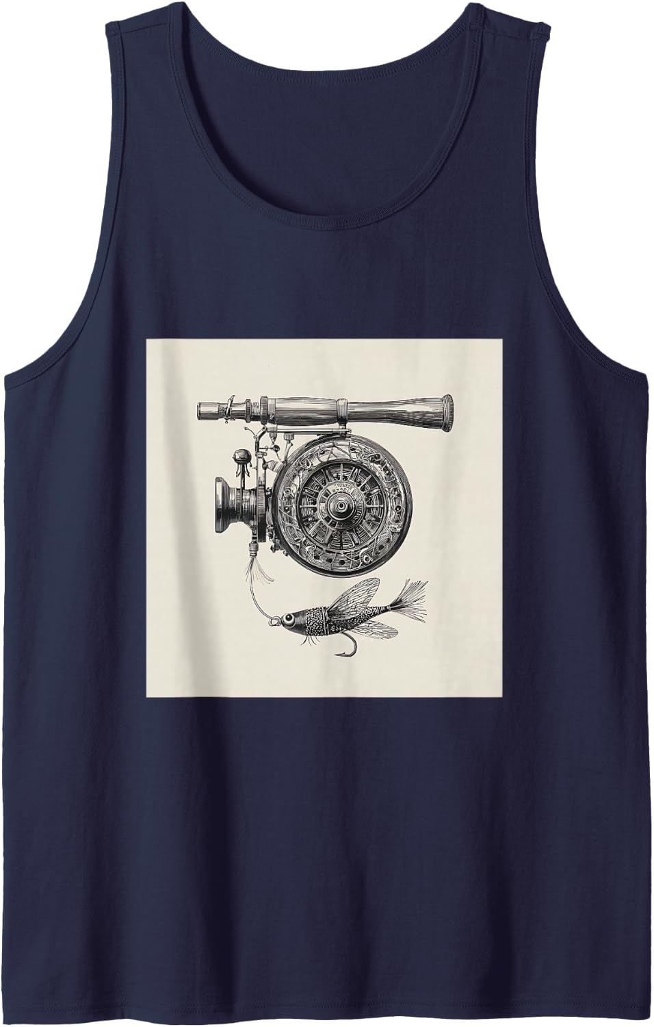 Vintage Fishing Reel Fly Fishing Rod Patent Illustration Sleeveless Tank Top - Navy Blue