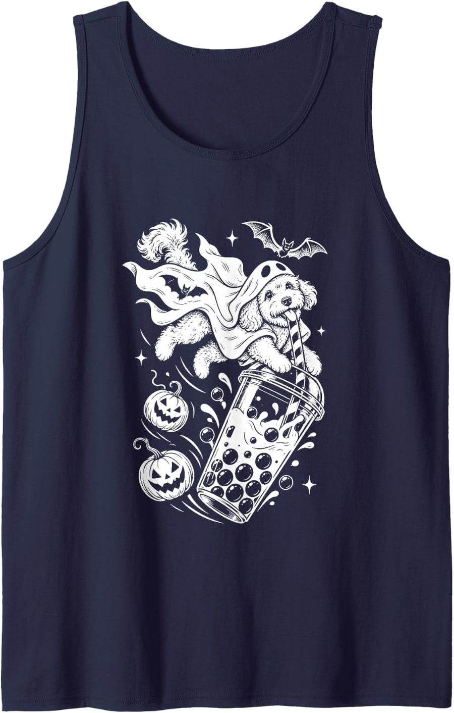Goldendoodle Ghost and Boba Cute Halloween Dog Humor Tank Top - Navy Blue