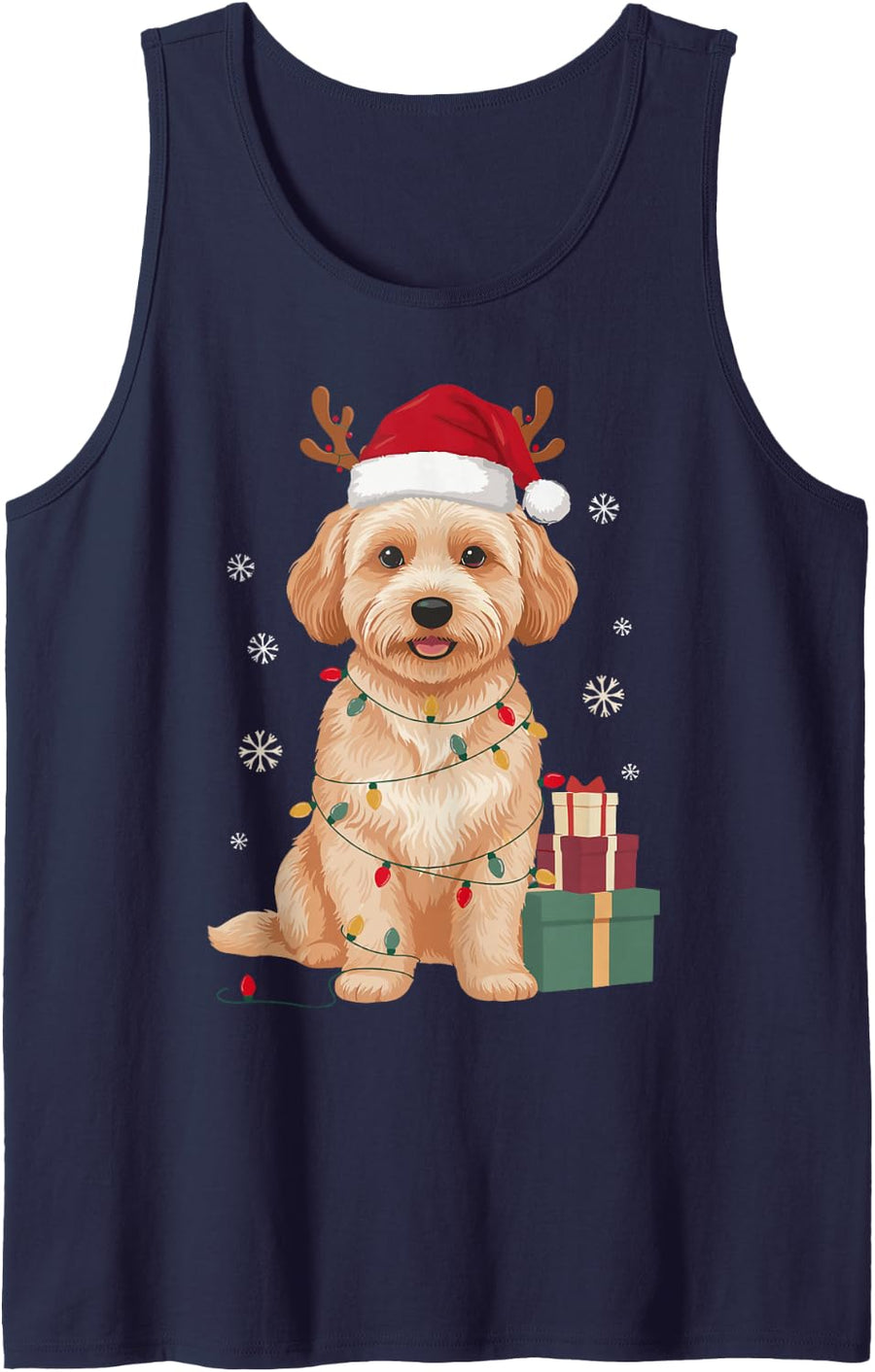 Funny Festive Cavachon Christmas Reindeer Lights Dog Mom Dad Sleeveless Tank Top - Navy Blue