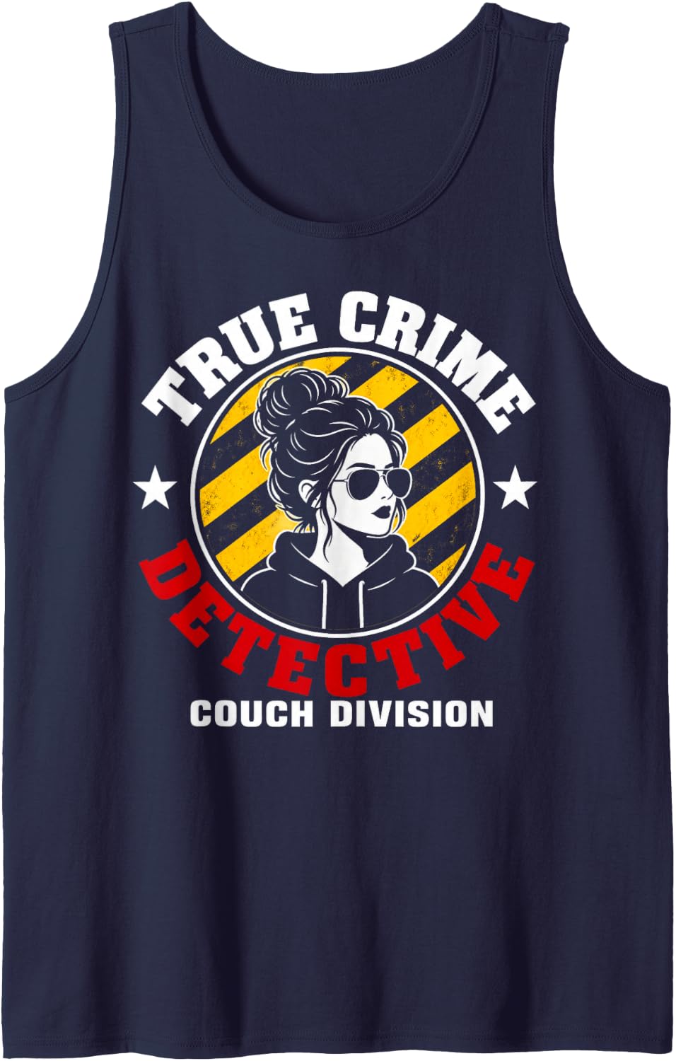 True Crime Detective Couch Division Messy Bun Murder Shows Tank Top - Navy Blue