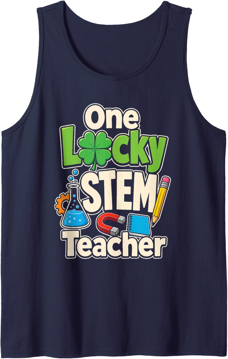 STEM Teacher One Lucky St Patricks Day Science Elementary Sleeveless Tank Top - Navy Blue