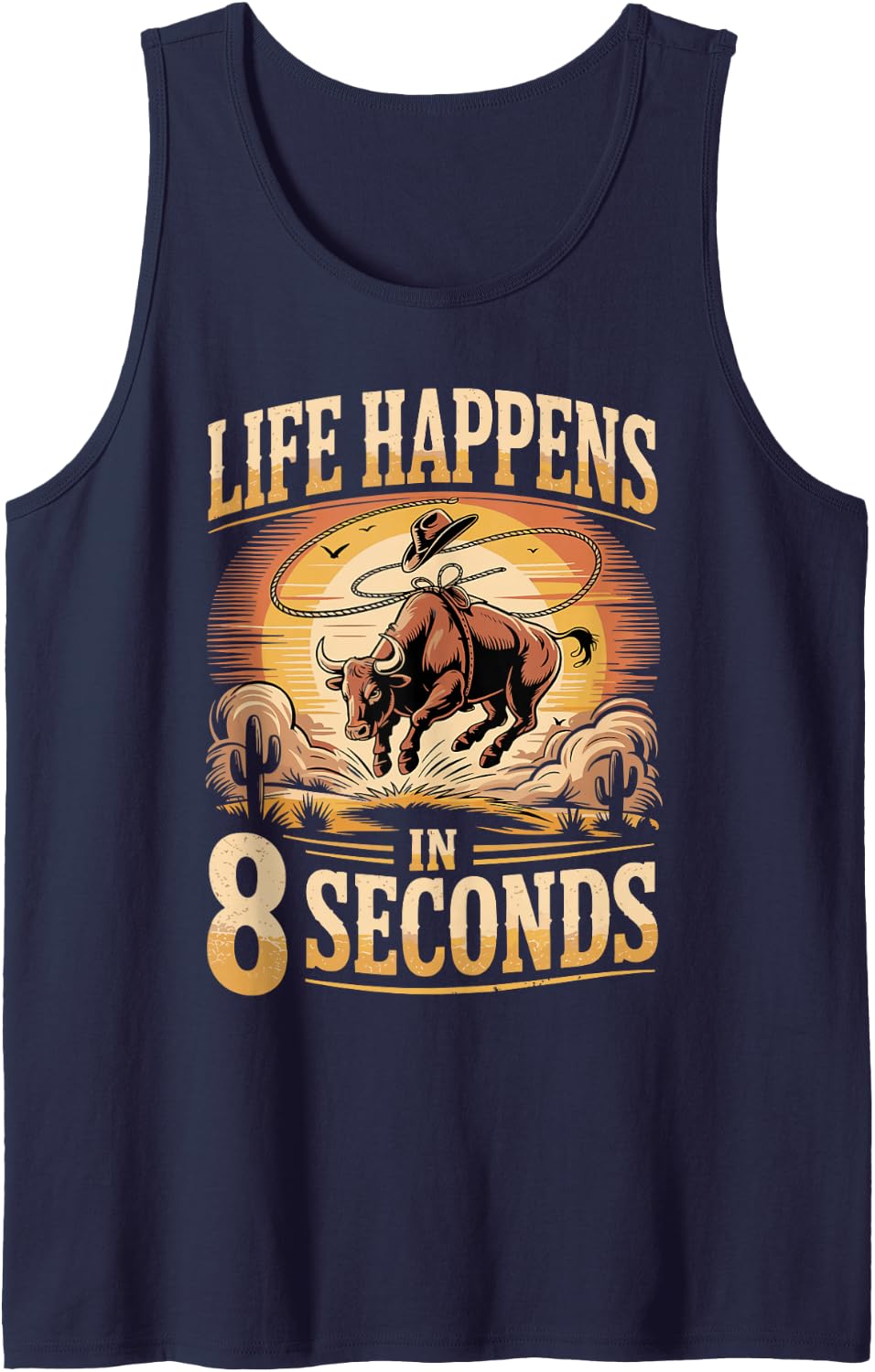 Life Happens in 8 Seconds Bull Riding Sleeveless Tank Top - Navy Blue
