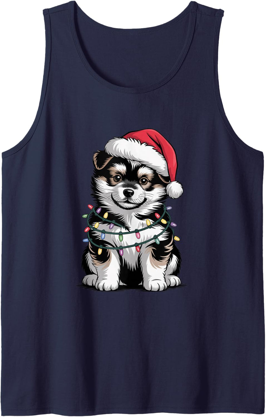 Festive Cute Spitz Puppy Christmas Lights Dog Mom Dad Lover Sleeveless Tank Top - Navy Blue