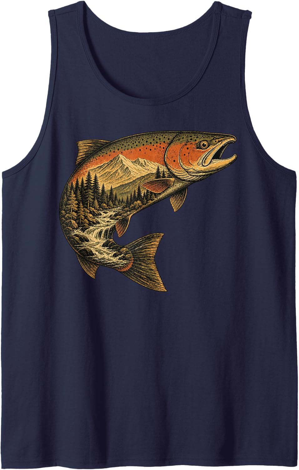 Fishing Trout Fly Fishing Angler Fisherman Nature Forest Sleeveless Tank Top - Navy Blue
