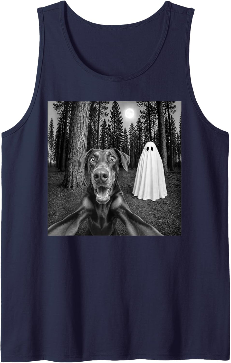 Spooky Doberman Selfie with Ghost Halloween Dobie Dog Sleeveless Tank Top - Navy Blue