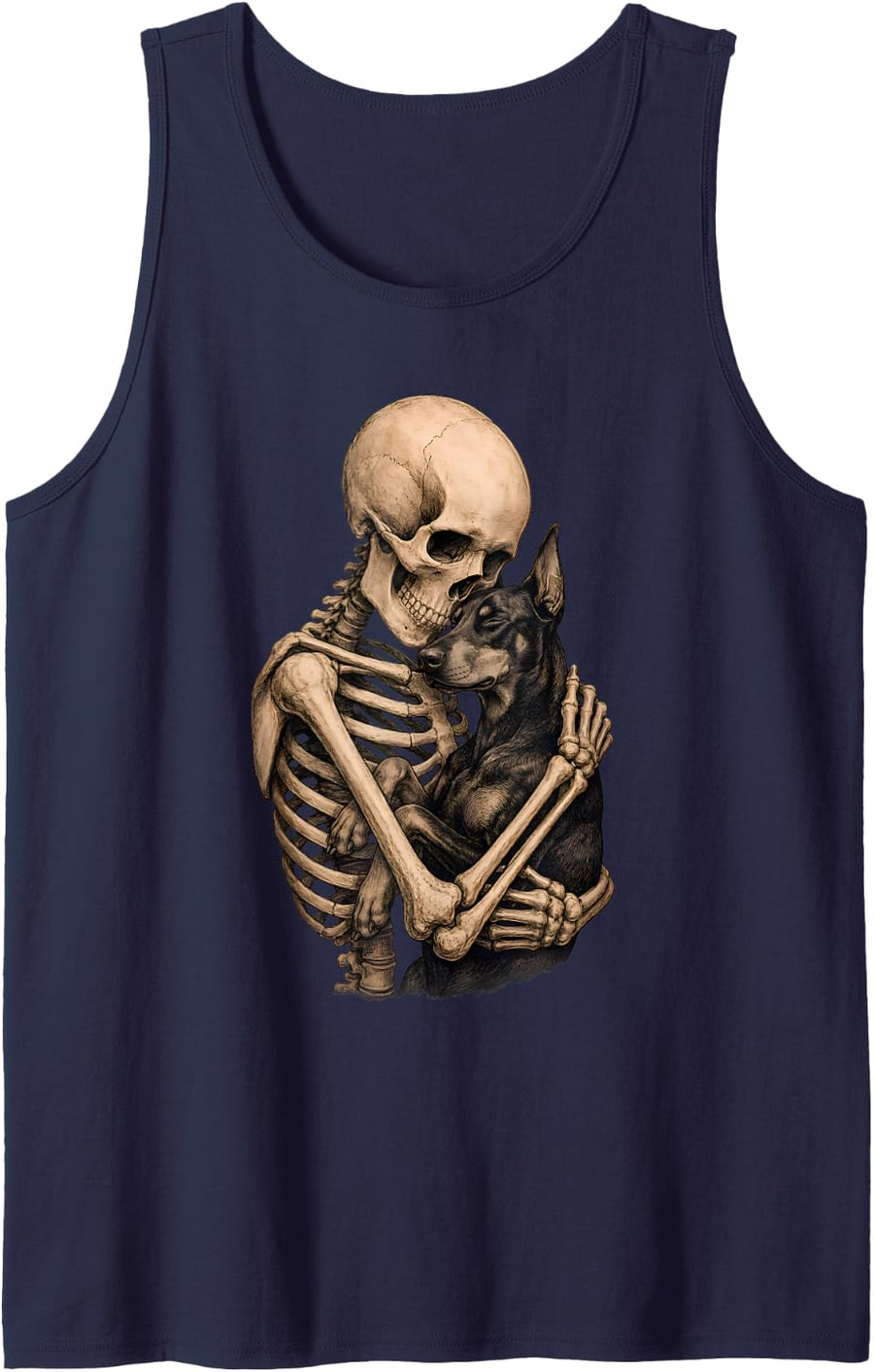 Halloween Gothic Skeleton Hugging Doberman Pinscher Dog Sleeveless Tank Top - Navy Blue